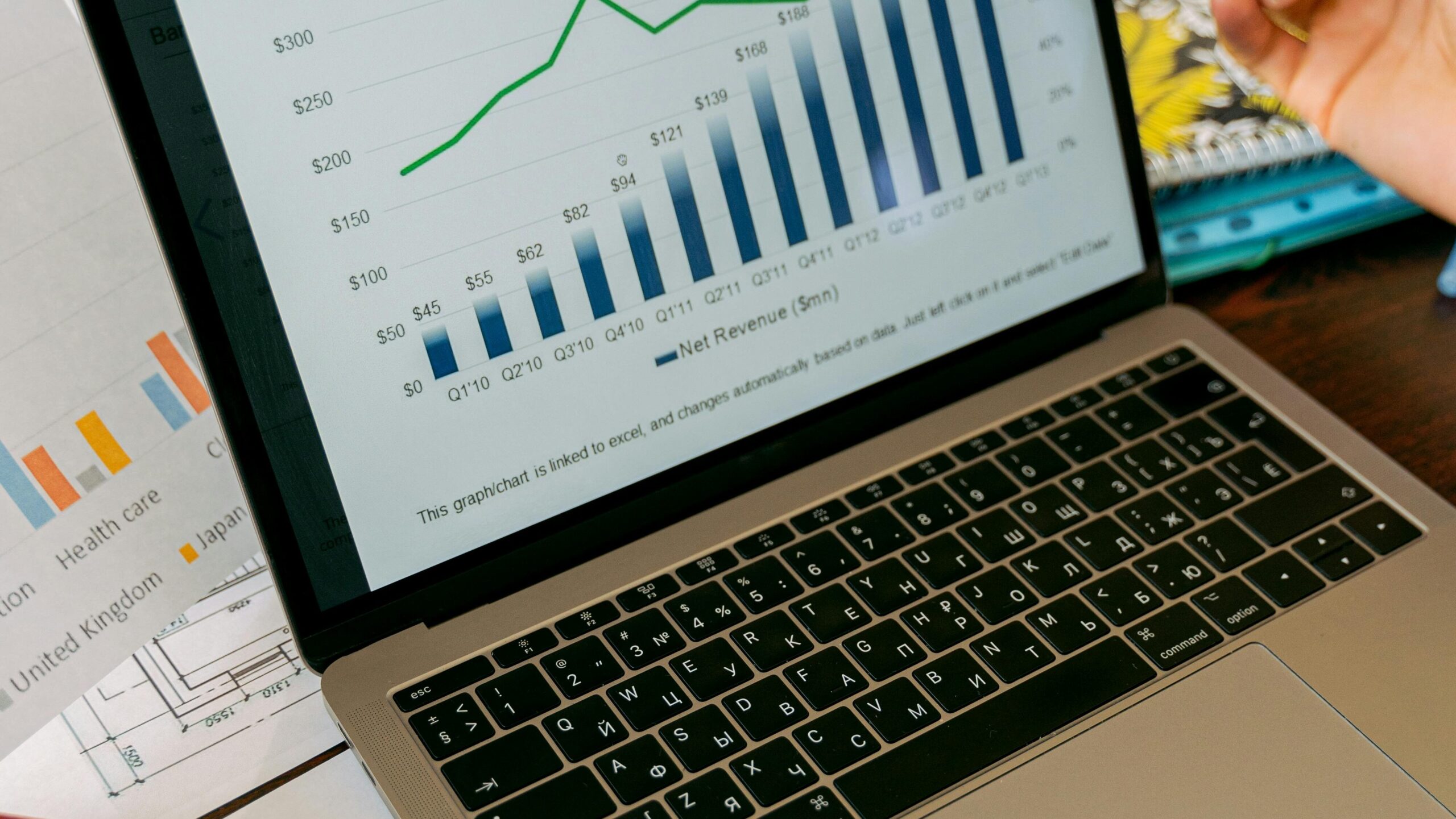 A close-up view of a laptop displaying business analytics and revenue charts.